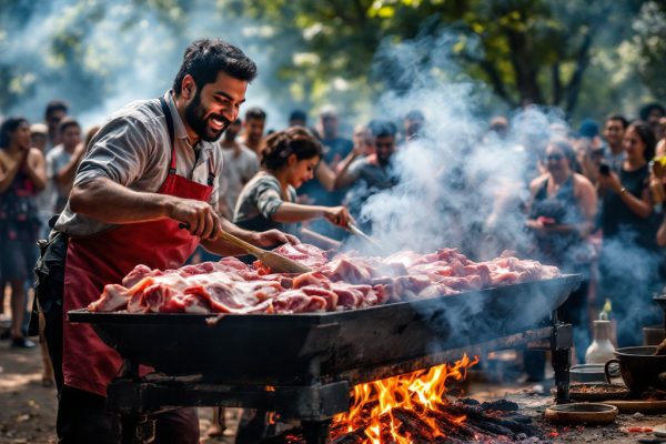 Butchers cutting meat in a contest thats outdoors with open fire cooking pits Butchers cutting meat in a contest thats outdoors with open fire cooking pits